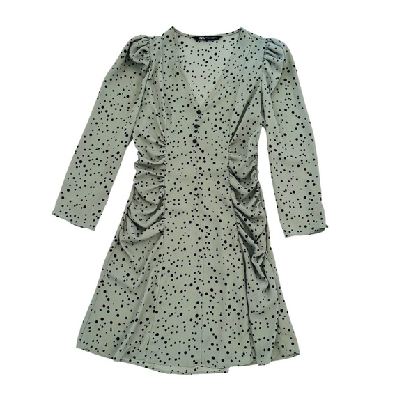Zara Black Polka Dot V-Neck Long Sleeve Sage Mini Short Dress, Mint Green,Size S - Picture 10 of 15